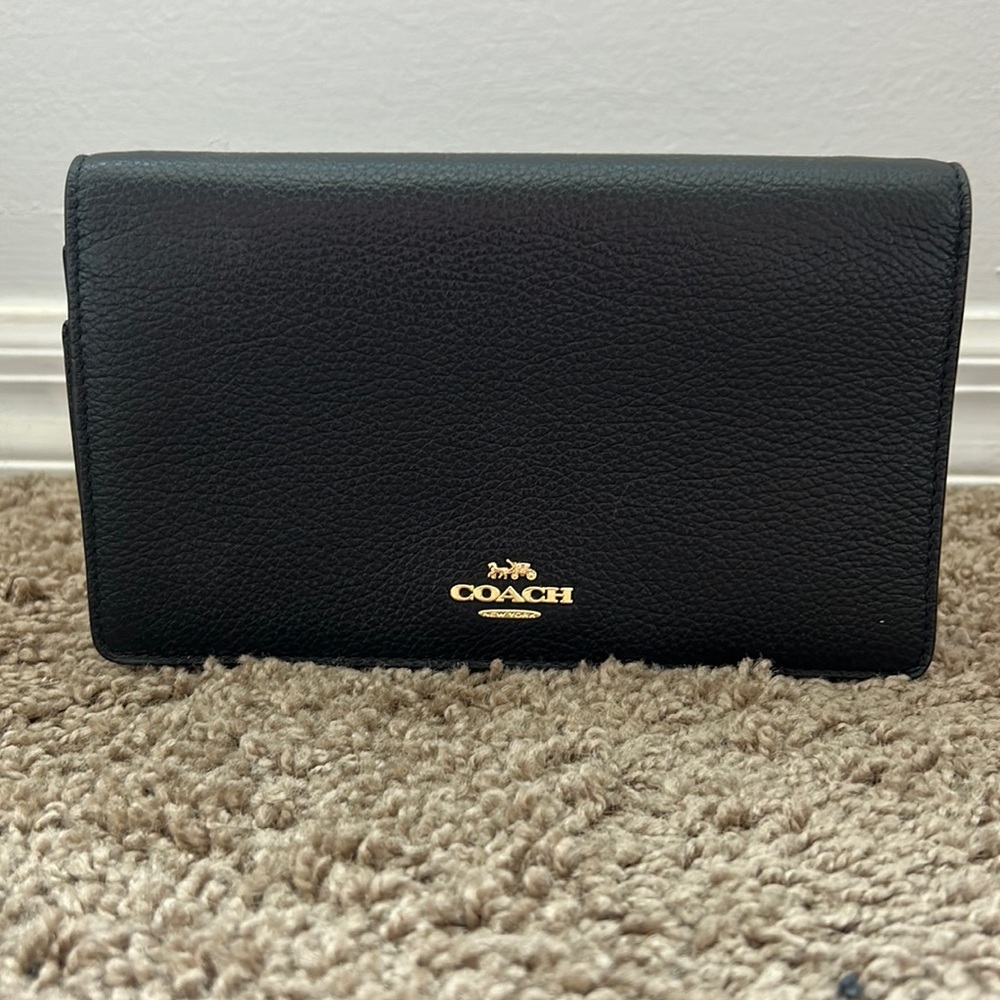Coach black wallet on crossbody strap